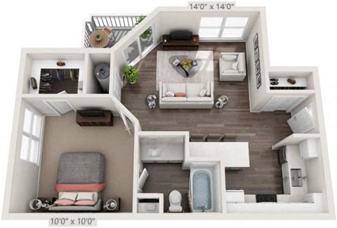 Floor plan for 1 bed, 1 bath, 563 sqft