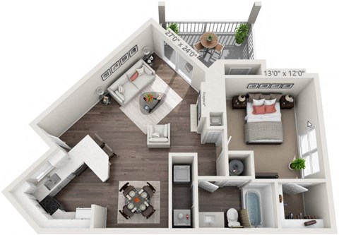 Floor plan for 1 bed, 1 bath, 767 sqft