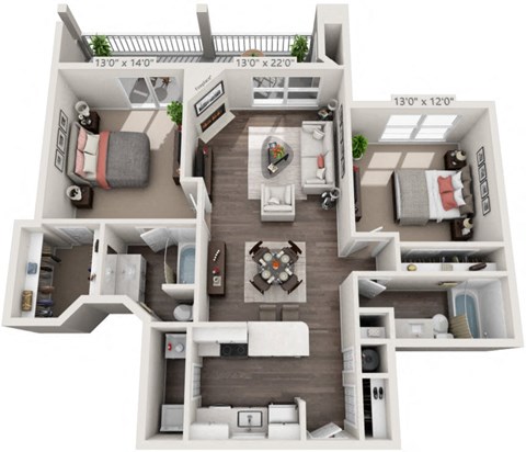 Floor plan for 2 beds, 2 baths, 1201 sqft
