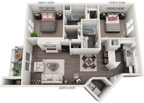 Floor plan for 2 beds, 2 baths, 1038 sqft
