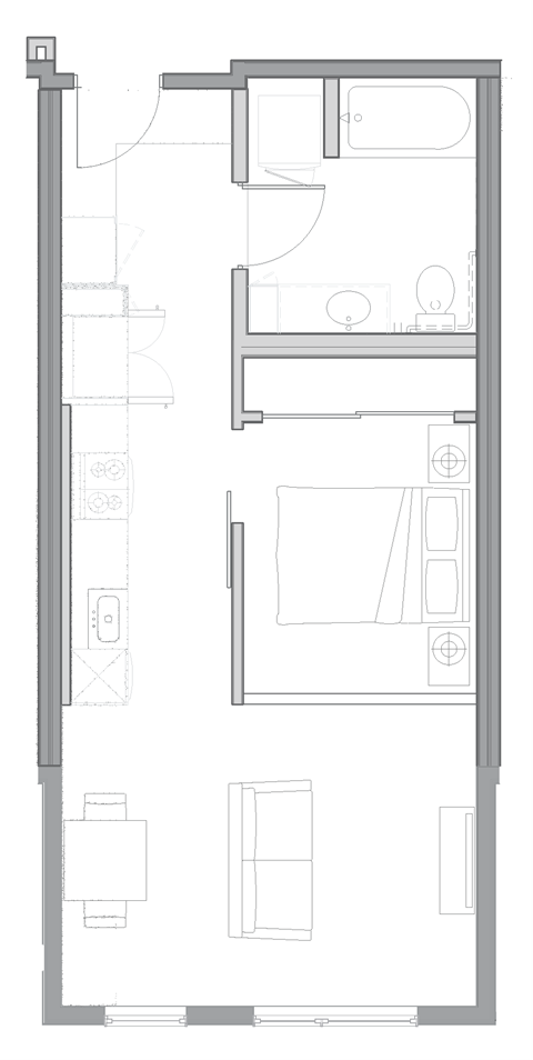 Floor plan for studio, 1 bath, 579 sqft