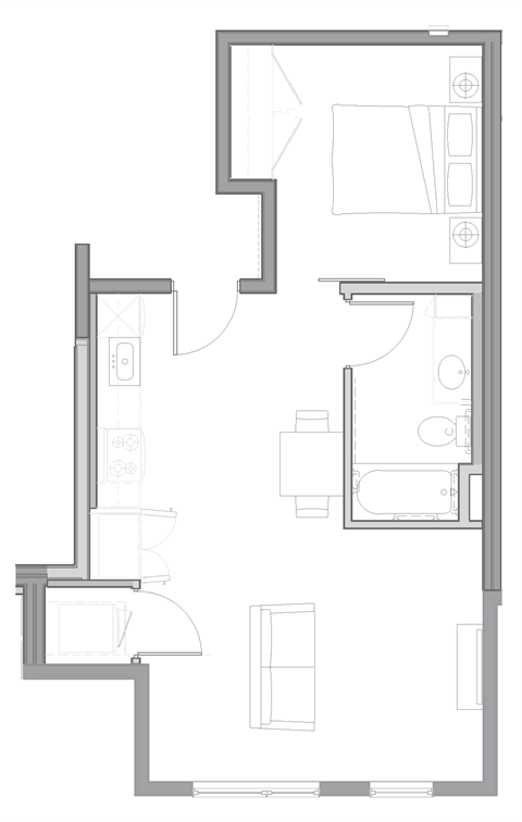 Floor plan for studio, 1 bath, 607 sqft