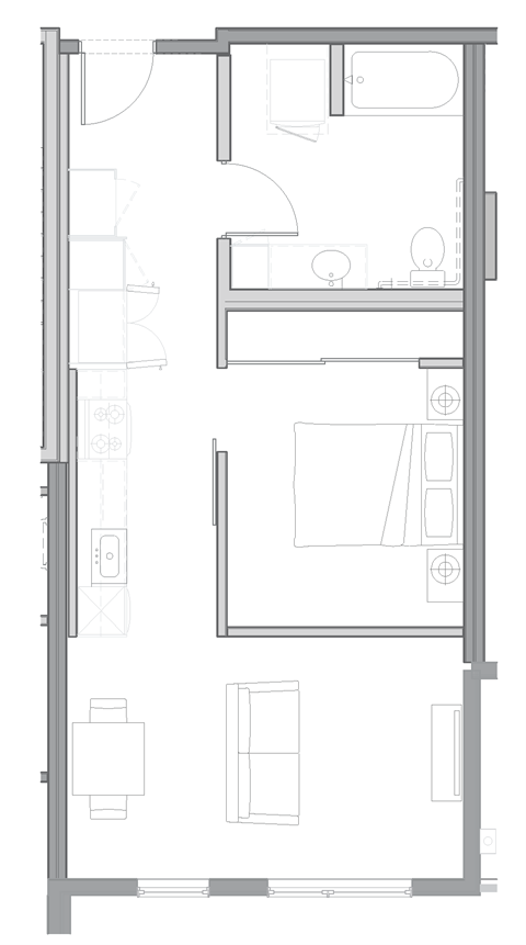 Floor plan for studio, 1 bath, 624 sqft