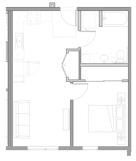 Floor plan for 1 bed, 1 bath, 733 sqft
