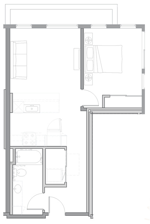 Floor plan for 1 bed, 1 bath, 701 sqft