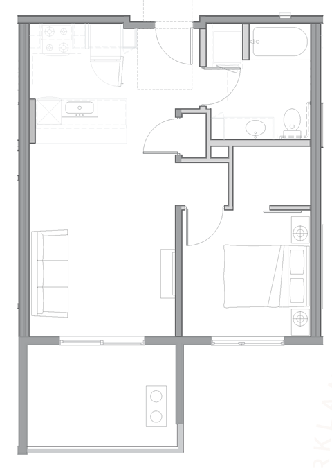 Floor plan for 1 bed, 1 bath, 645 sqft