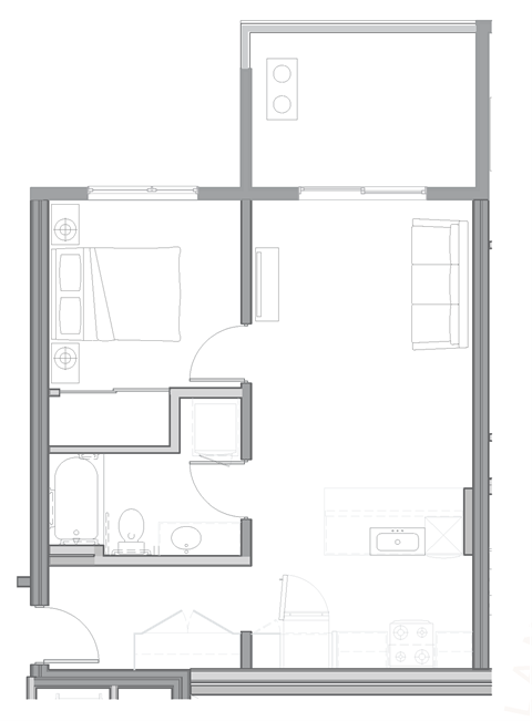 Floor plan for 1 bed, 1 bath, 649 sqft