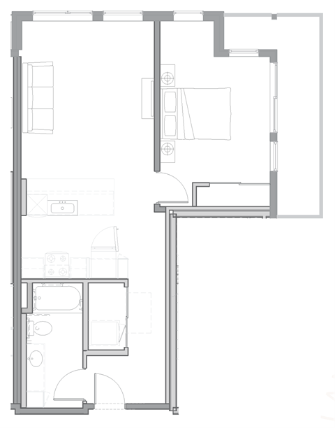 Floor plan for 1 bed, 1 bath, 781 sqft