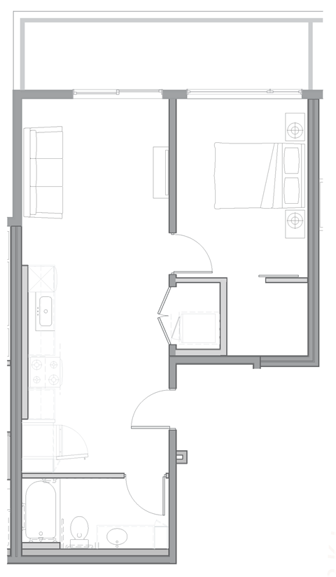 Floor plan for 1 bed, 1 bath, 768 sqft
