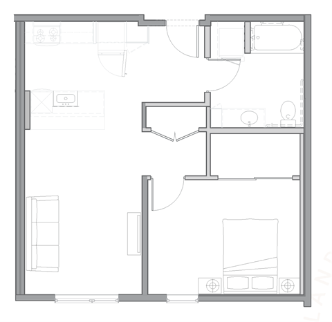 Floor plan for 1 bed, 1 bath, 733 sqft