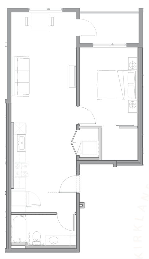 Floor plan for 1 bed, 1 bath, 768 sqft