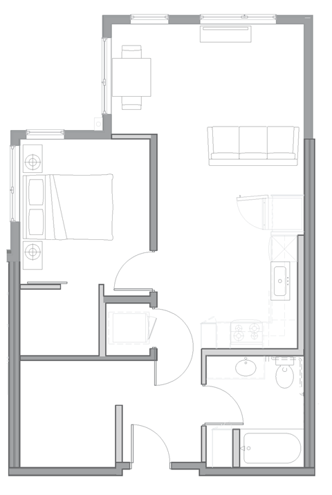 Floor plan for 1 bed, 1 bath, 758 sqft
