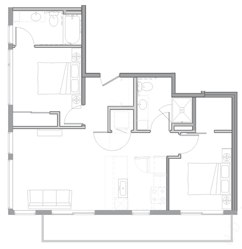 Floor plan for 2 beds, 2 baths, 945 sqft