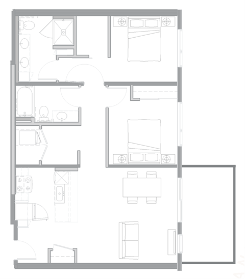Floor plan for 2 beds, 2 baths, 1077 sqft