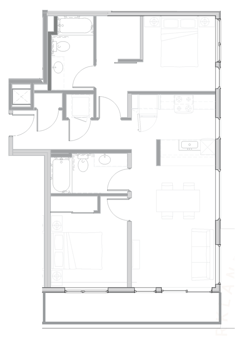 Floor plan for 2 beds, 2 baths, 975 sqft