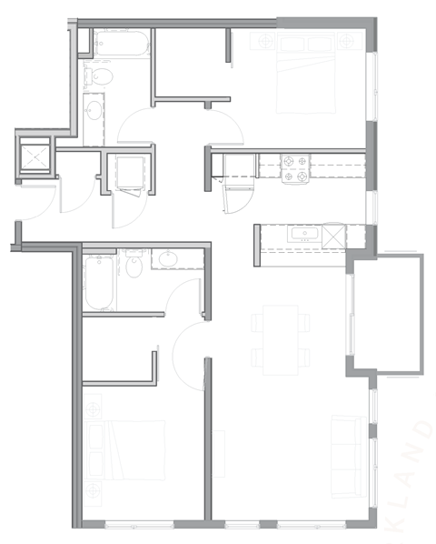 Floor plan for 2 beds, 2 baths, 975 sqft