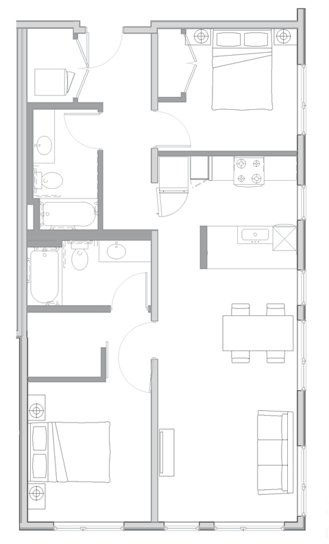 Floor plan for 2 beds, 2 baths, 1096 sqft