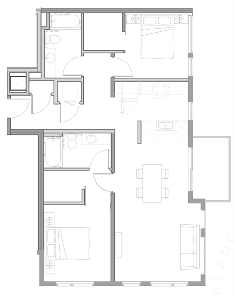 Floor plan for 2 beds, 2 baths, 1129 sqft