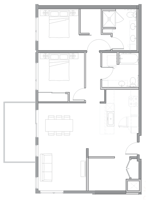 Floor plan for 2 beds, 2 baths, 1259 sqft