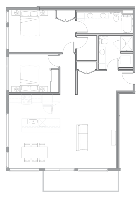Floor plan for 2 beds, 2 baths, 1406 sqft