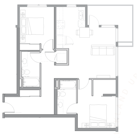 Floor plan for 2 beds, 2 baths, 1033 sqft