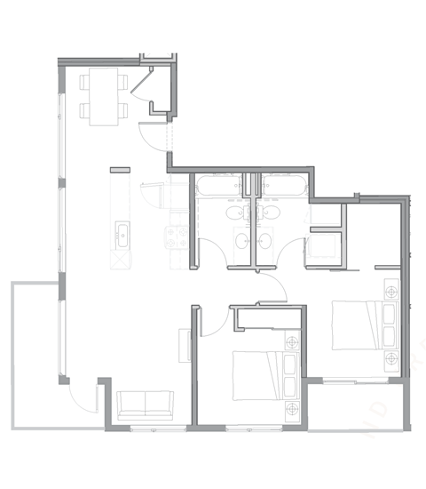 Floor plan for 2 beds, 2 baths, 1046 sqft