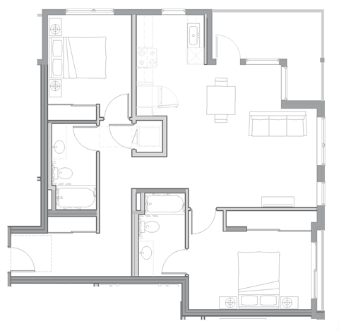 Floor plan for 2 beds, 2 baths, 1146 sqft