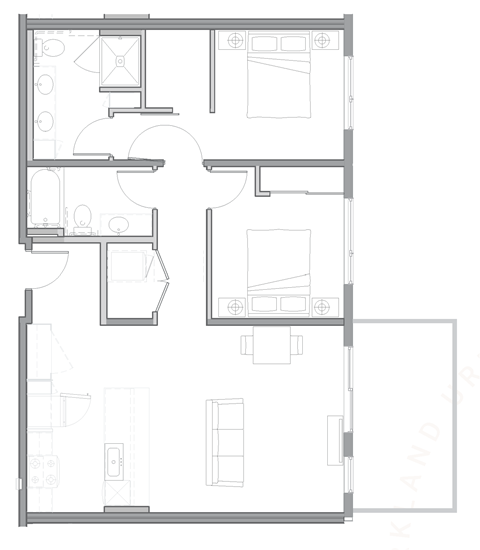 Floor plan for 2 beds, 2 baths, 1075 sqft