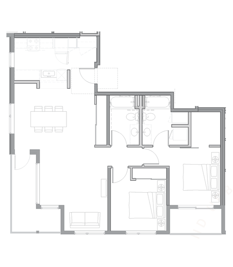 Floor plan for 2 beds, 2 baths, 1165 sqft