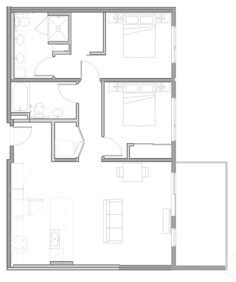 Floor plan for 2 beds, 2 baths, 1111 sqft