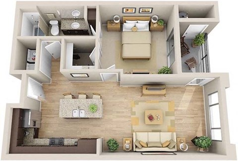 Floor plan for 1 bed, 1 bath, 740 sqft