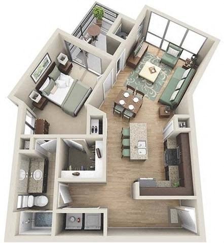 Floor plan for 1 bed, 1 bath, 885 sqft