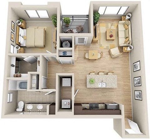 Floor plan for 1 bed, 1 bath, 889 sqft