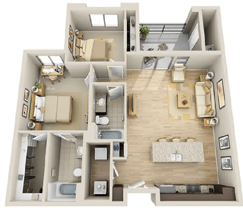 Floor plan for 2 beds, 2 baths, 1105 sqft