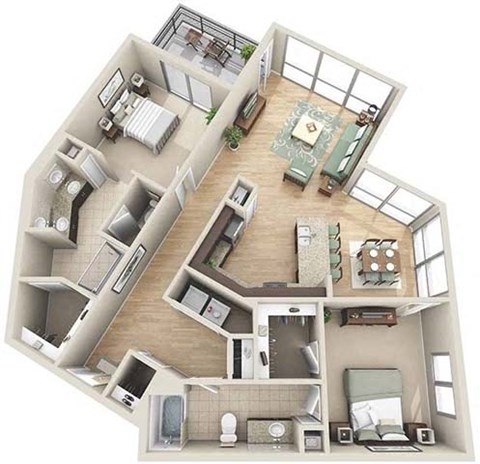 Floor plan for 2 beds, 2 baths, 1342 sqft