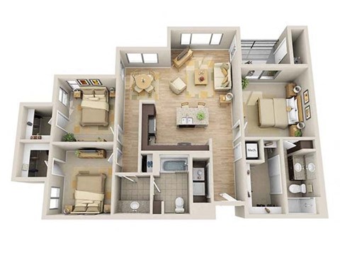 Floor plan for 3 beds, 2 baths, 1342 sqft