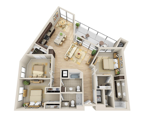 Floor plan for 3 beds, 3 baths, 1569 sqft