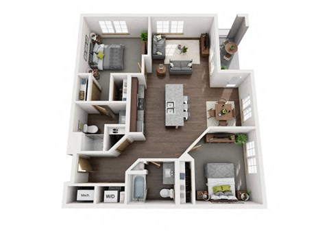 Floor plan for 2 beds, 2 baths, 1110 sqft