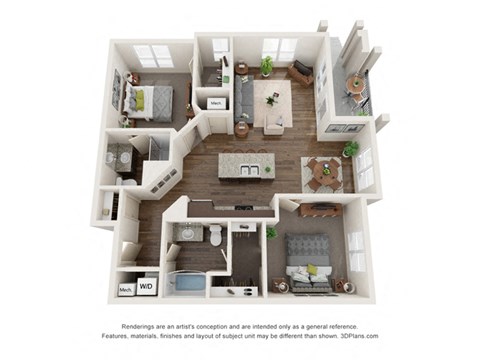 Floor plan for 2 beds, 2 baths, 1109 sqft