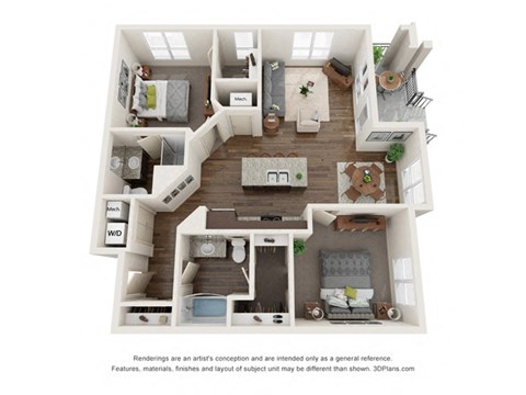 Floor plan for 2 beds, 2 baths, 1086 sqft