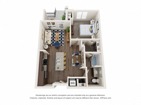 Floor plan for 1 bed, 1 bath, 743 sqft