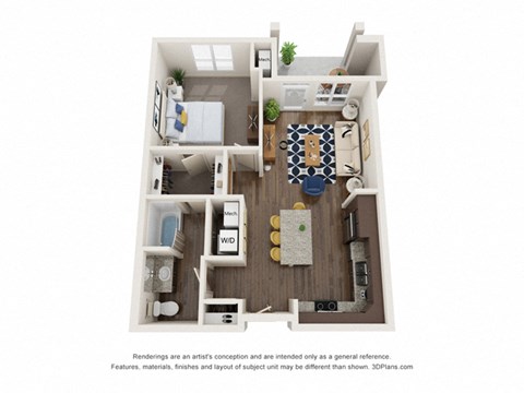 Floor plan for 1 bed, 1 bath, 743 sqft