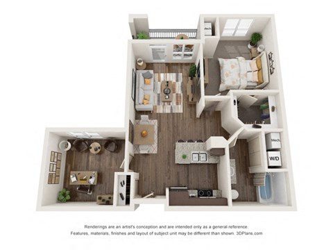 Floor plan for 1 bed, 1 bath, 876 sqft