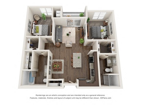 Floor plan for 2 beds, 2 baths, 1045 sqft