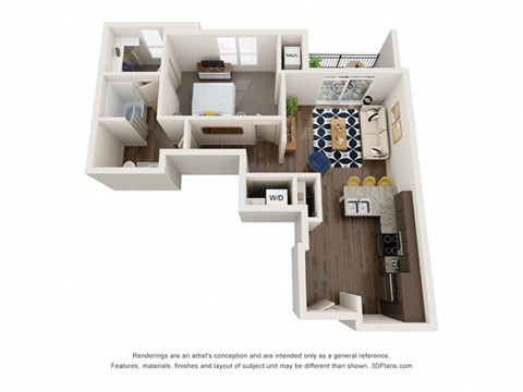 Floor plan for 1 bed, 1 bath, 719 sqft