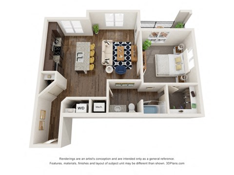 Floor plan for 1 bed, 1 bath, 826 sqft