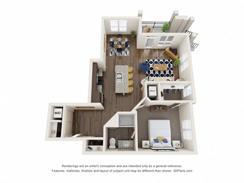 Floor plan for 1 bed, 1 bath, 870 sqft