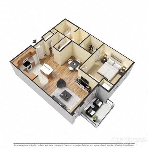 Floor plan for 1 bed, 1 bath, 839 sqft