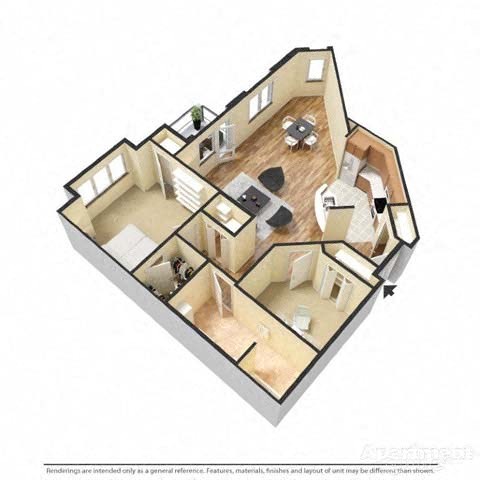 Floor plan for 1 bed, 1 bath, 970 sqft