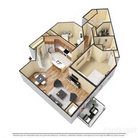 Floor plan for 1 bed, 2 baths, 1170 sqft